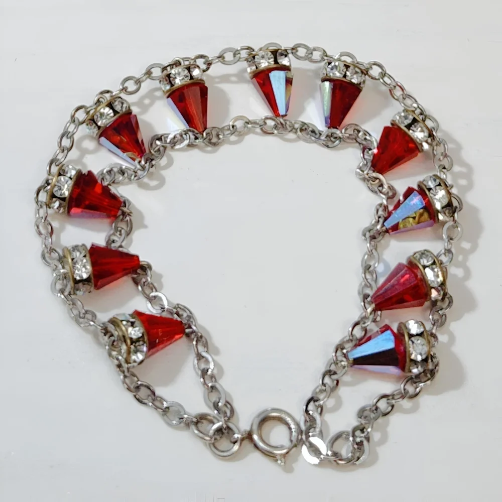Vintage Sterling Silver RARE Red Siam Aurora Boreale Swarovski Crystal Bracelet
